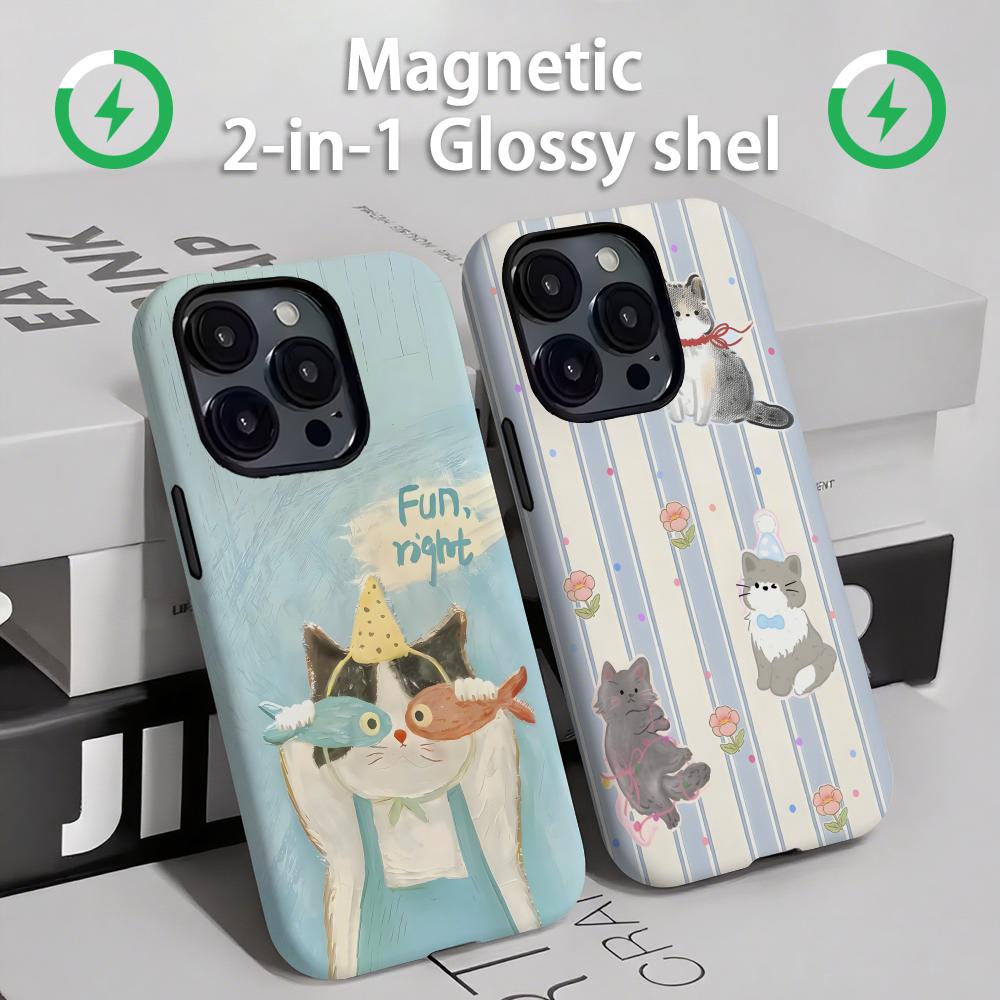 Apple Iphone 15 Pro Max - 귀여운 고양이와 강아지 마그네틱 2-in-1 광택